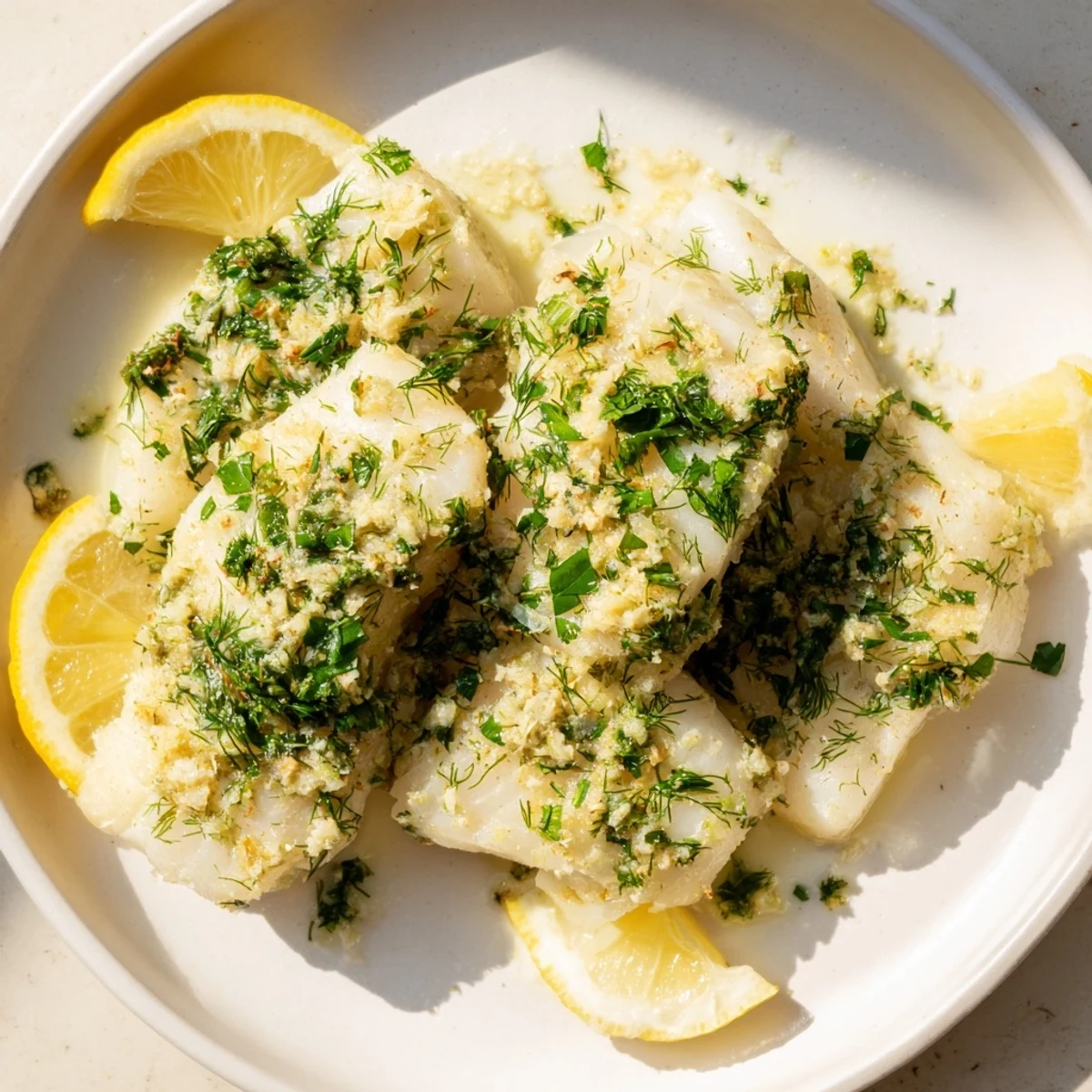 Flaky baked cod fillets glazed with garlic butter and fresh herbs on a white plate, served with lemon wedges.