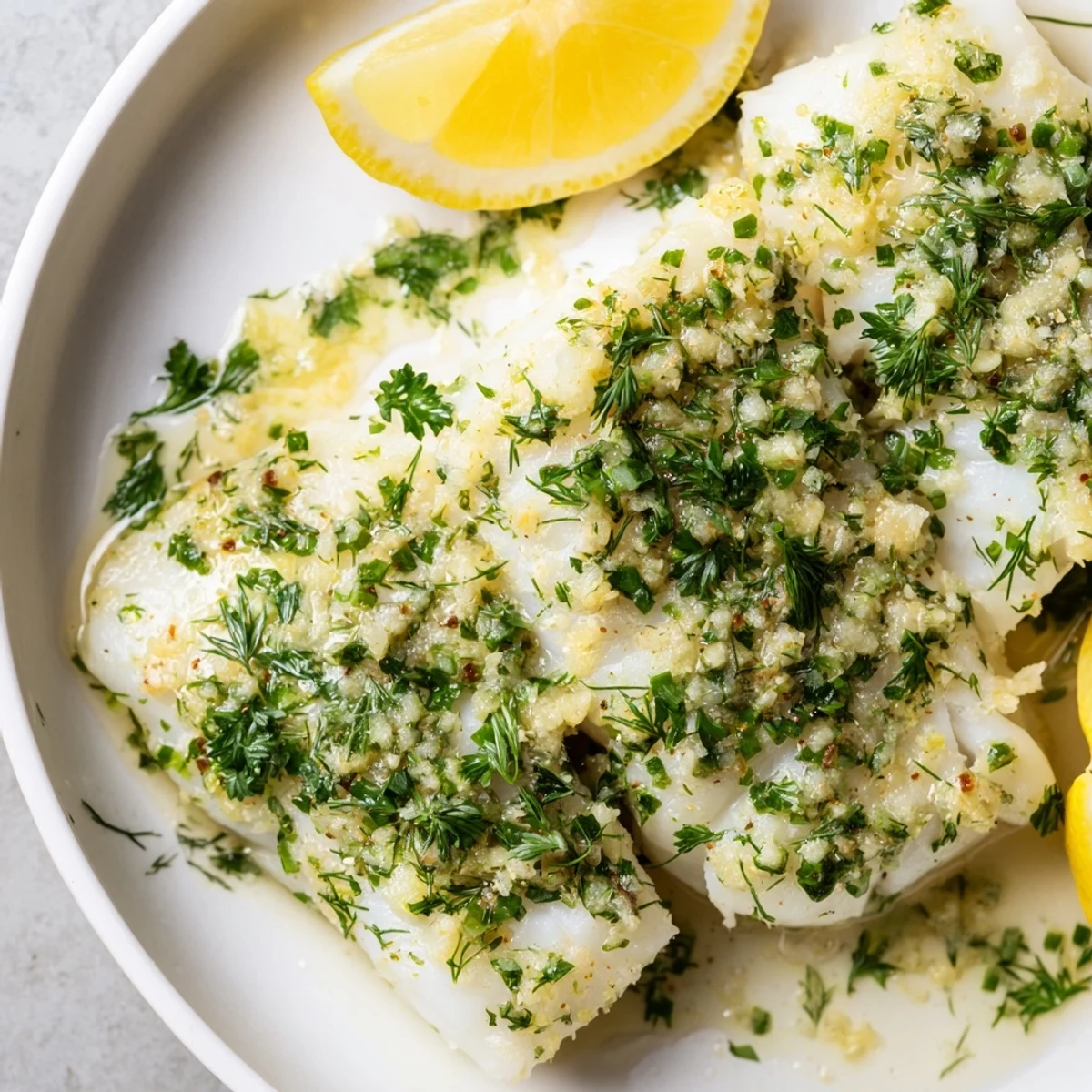 Baked Cod with Garlic Butter and Herbs rests beside steamed vegetables for a light, low-carb main dish.