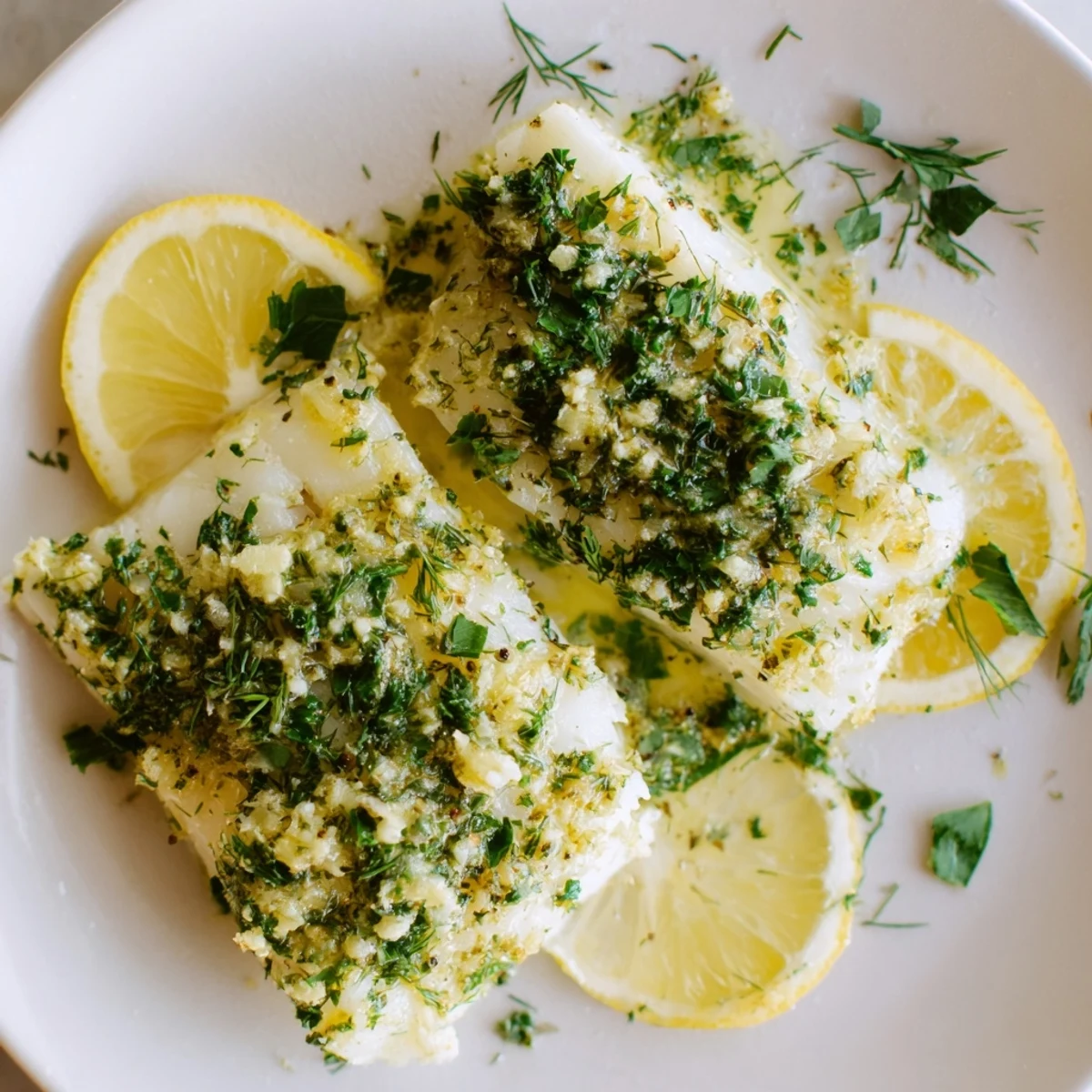 Golden baked cod topped with garlic butter, parsley, and dill in a baking dish, ready to serve.