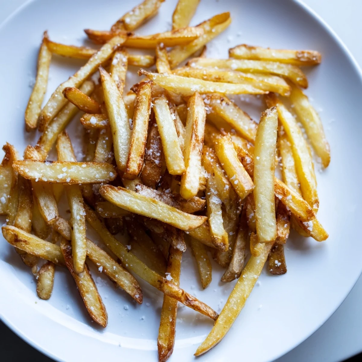 A serving of Crispy Air Fryer French Fries with Sea Salt, golden-brown and perfectly crunchy on a serving dish.