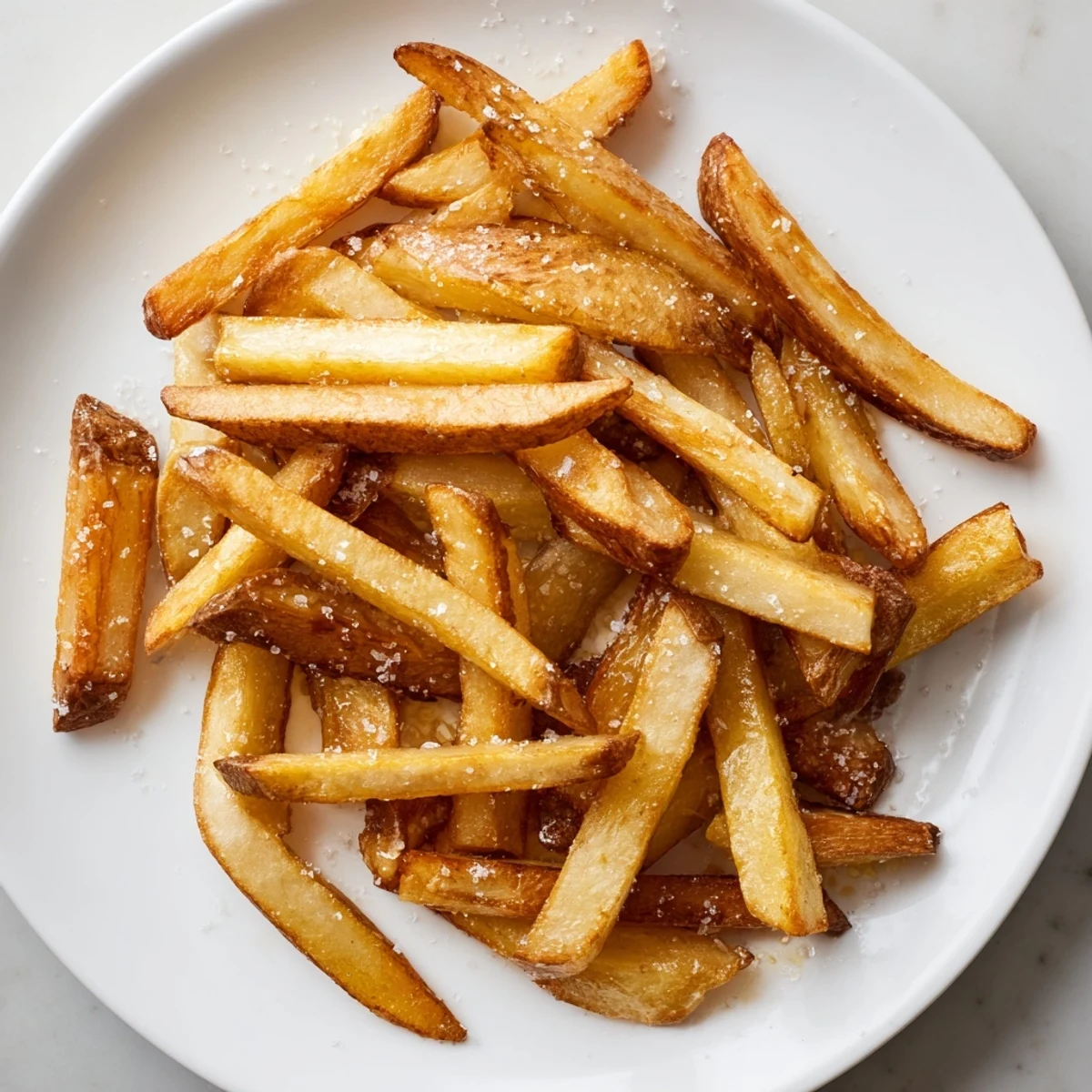 Freshly cooked Crispy Air Fryer French Fries with Sea Salt piled high, ready to be dipped in ketchup.