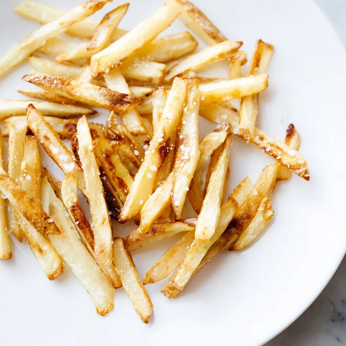 Overhead view of Crispy Air Fryer French Fries with Sea Salt, showing their crisp texture and uniform golden color.