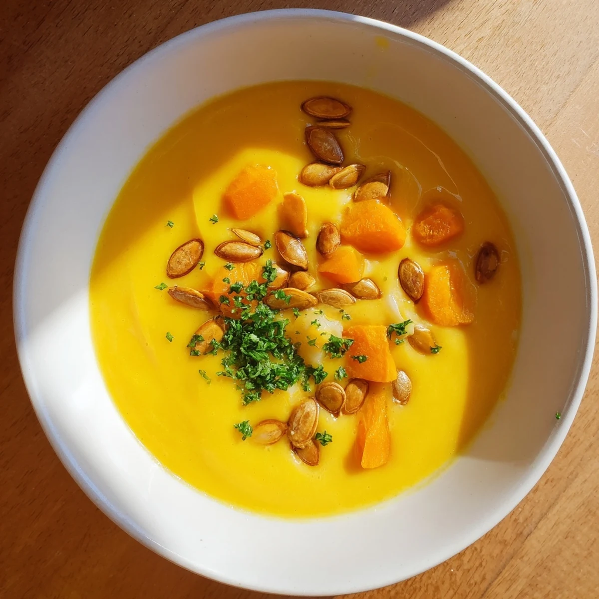 A warm bowl of creamy pumpkin soup with toasted seeds garnish, perfect for a cozy autumn dinner or lunch.  