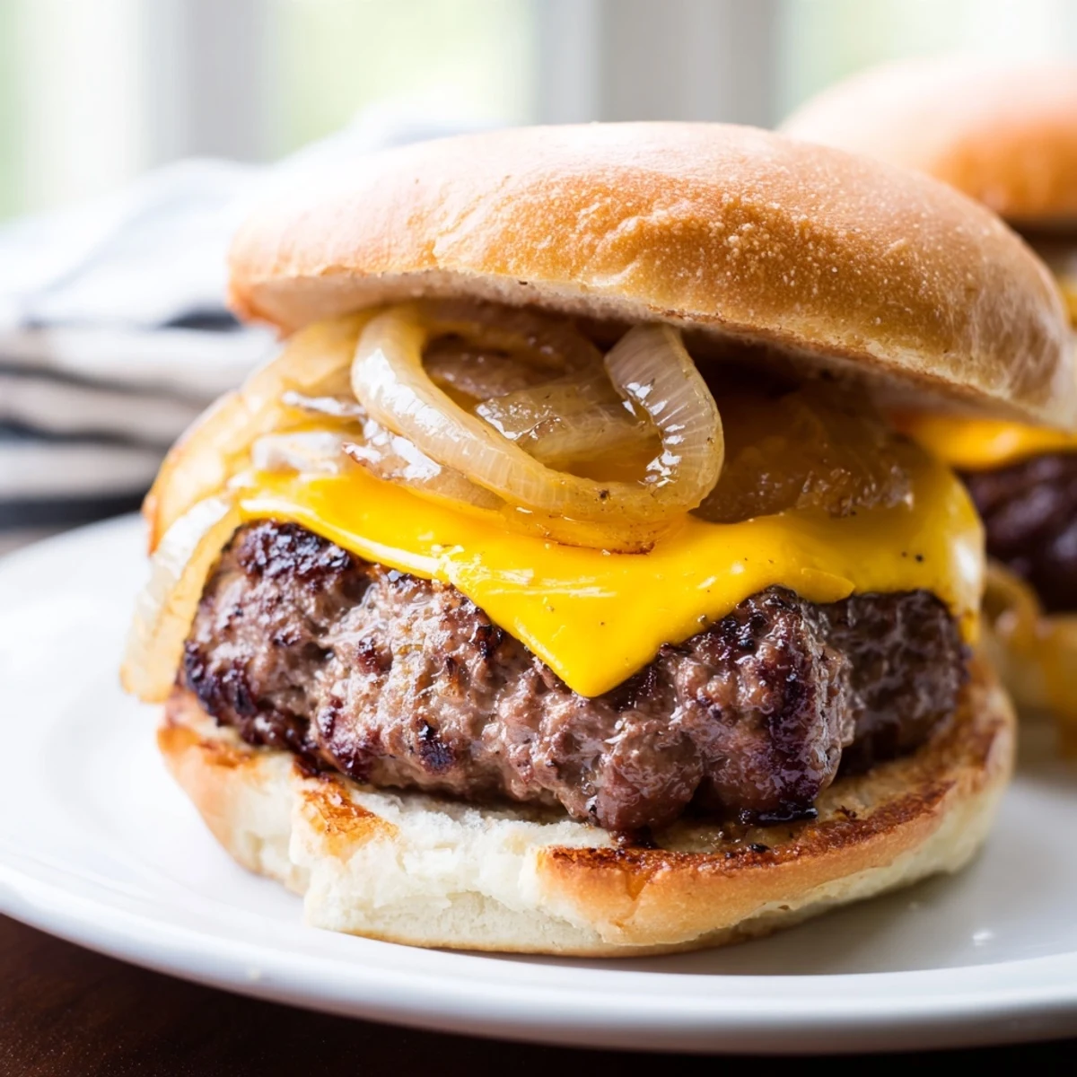 Golden-brown Beef Sliders with Caramelized Onions and Cheese are stacked on a platter, dripping with melted cheddar and sweet onions.