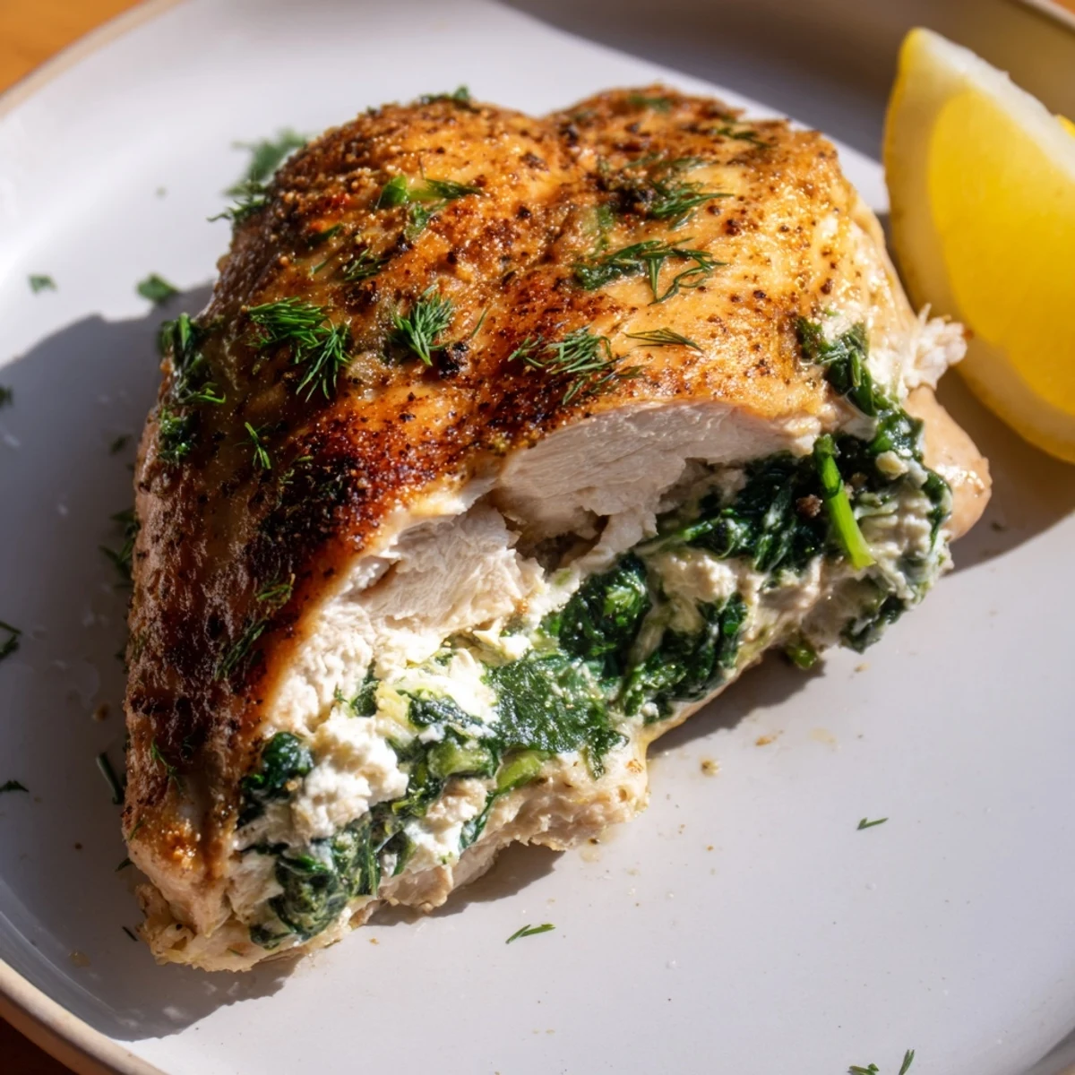 Golden-brown baked Spinach and Feta Stuffed Chicken Breast sliced open, revealing a vibrant green, creamy filling in a rustic baking dish.  
