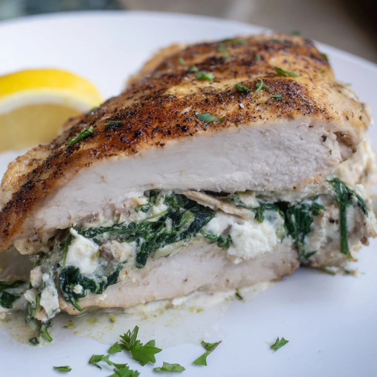 Fork-tender Spinach and Feta Stuffed Chicken Breast served with lemon wedges and fresh parsley, ready for a healthy Mediterranean dinner.  