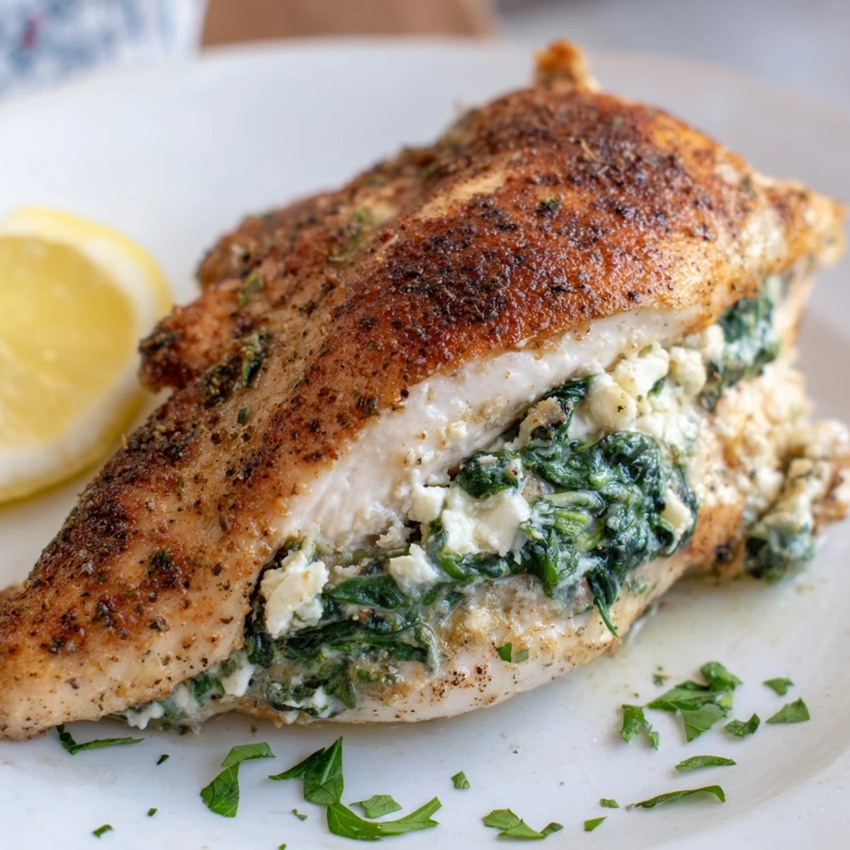 Freshly baked Spinach and Feta Stuffed Chicken Breast on a white plate, garnished with dill and paired with roasted vegetables.