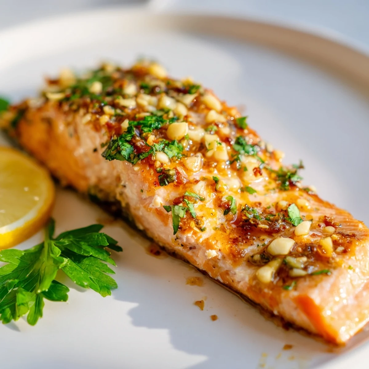 Fresh herbs and lemon zest top Baked Salmon with Honey Garlic Glaze served hot from the oven.