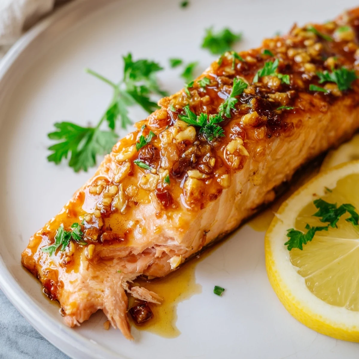 Juicy Baked Salmon with Honey Garlic Glaze rests beside fluffy rice and steamed green beans.