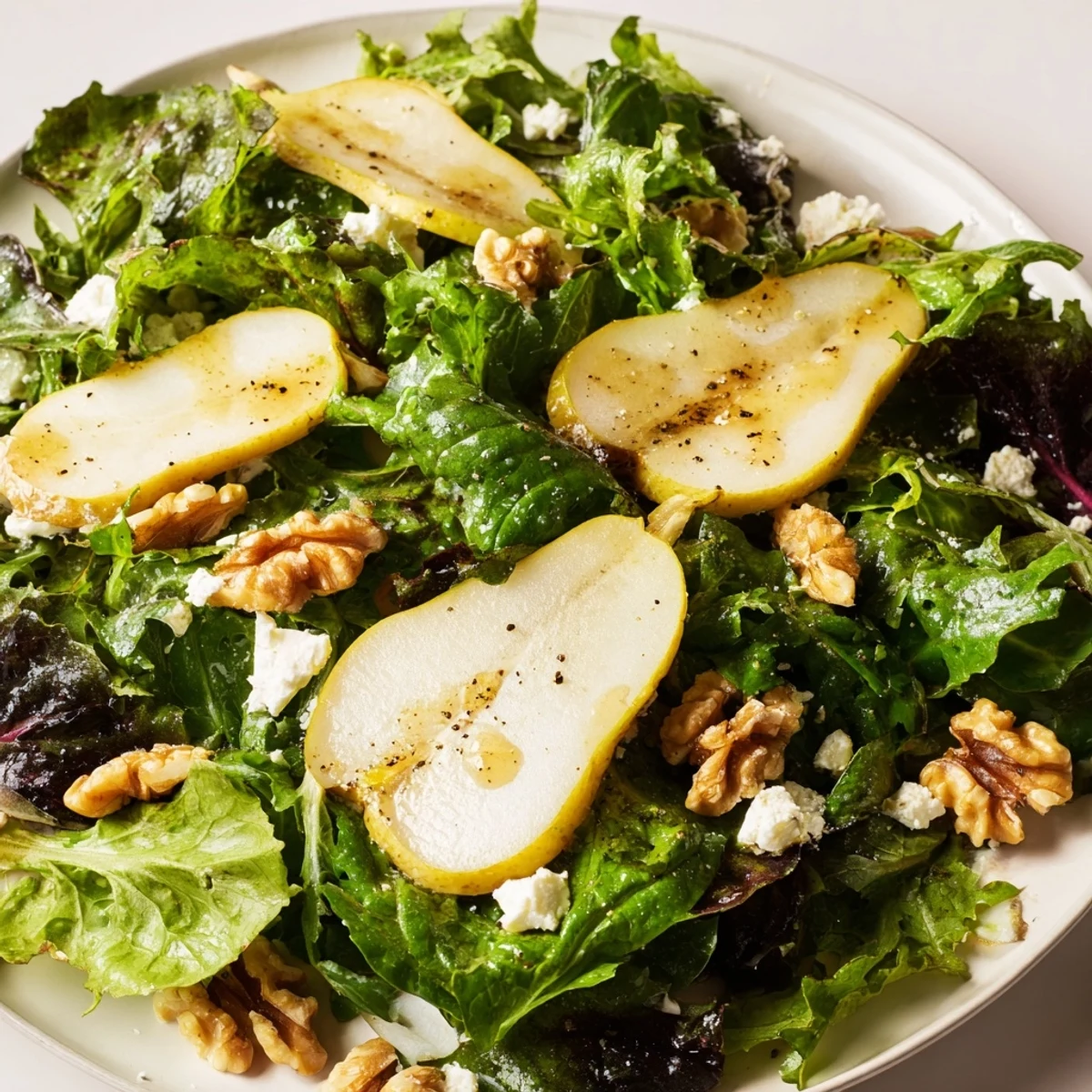Freshly toasted walnuts and juicy pear slices top a vibrant bed of crisp winter greens in this Winter Green Salad with Pear and Walnuts.