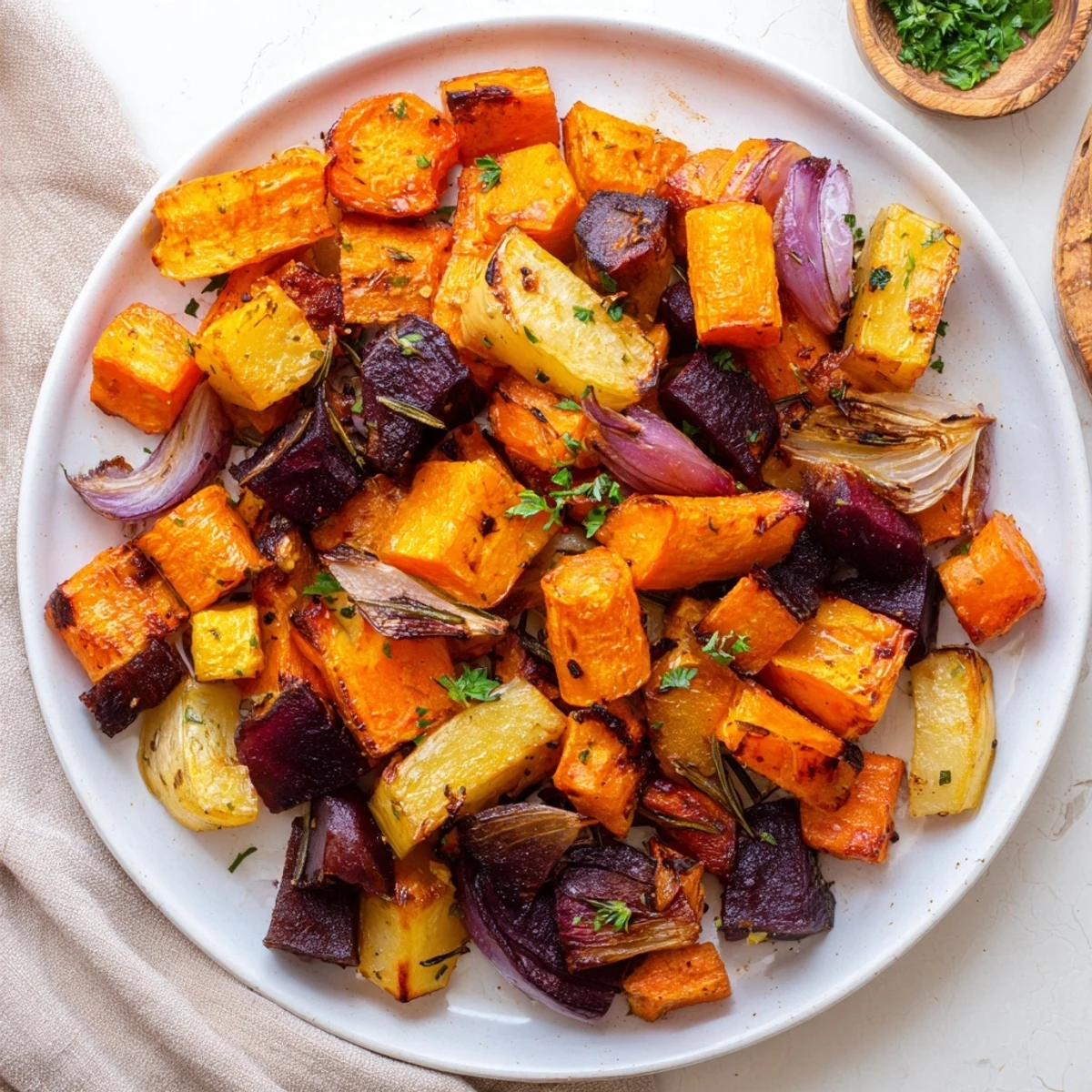 Serving dish filled with warm Roasted Root Vegetable Medley with Herbs, garnished with fresh parsley for a festive side.
