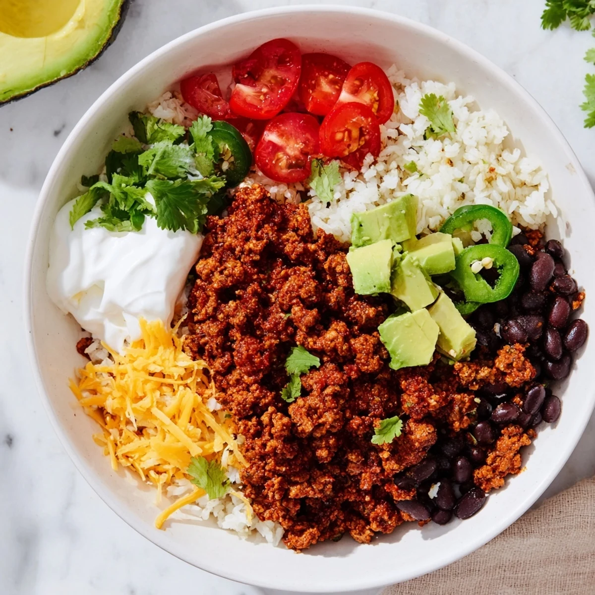 A vibrant Beef Burrito Bowl with seasoned ground beef, fluffy lime-cilantro rice, and creamy black beans topped with fresh avocado and melted cheese.