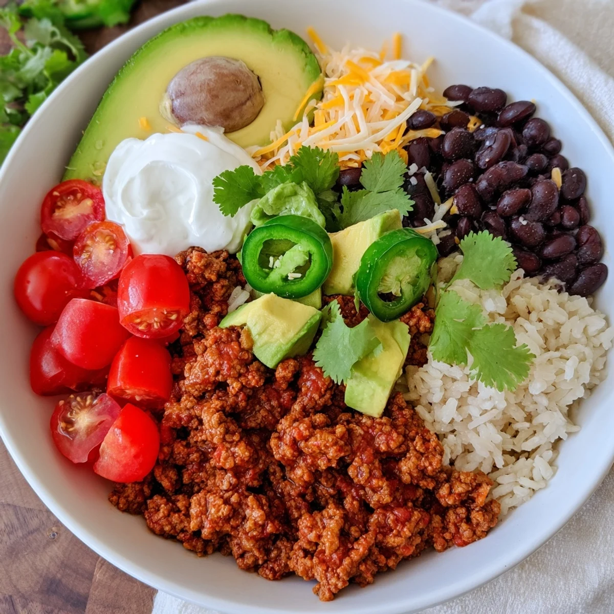 Close-up of hearty Beef Burrito Bowls featuring juicy ground beef, fluffy rice, black beans, cherry tomatoes, sour cream, and jalapeños on a rustic table.