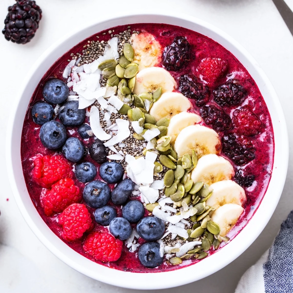 This overhead view captures a colorful Winter Berry Smoothie Bowl with crunchy pumpkin seeds, chia seeds, and a drizzle of honey on top.  