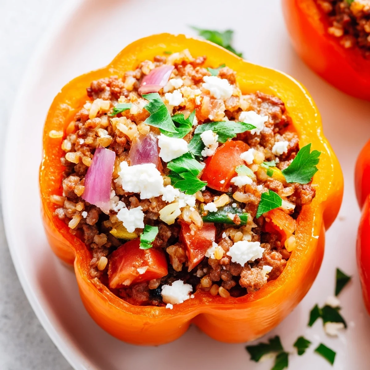 Golden-brown baked Mediterranean stuffed bell peppers filled with savory beef, rice, tomatoes, and topped with crumbled feta and fresh herbs.