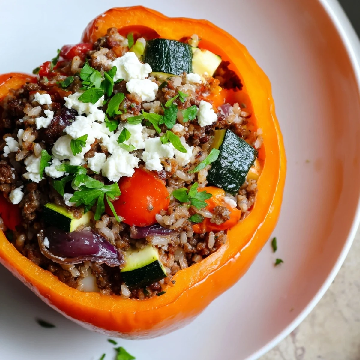 A serving of Mediterranean stuffed bell peppers on a rustic plate, revealing the hearty ground beef, rice, and vegetable filling.