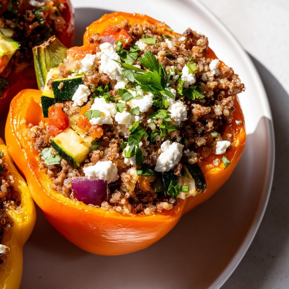 Close-up view of Mediterranean stuffed bell peppers, showcasing the juicy bell peppers and melted feta garnish on a wooden table.