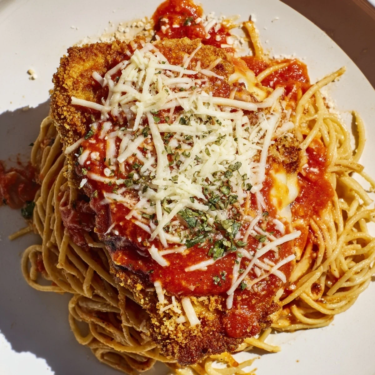 Crispy golden chicken Parmesan layered over tangled spaghetti marinara, topped with melted mozzarella and fresh basil leaves.