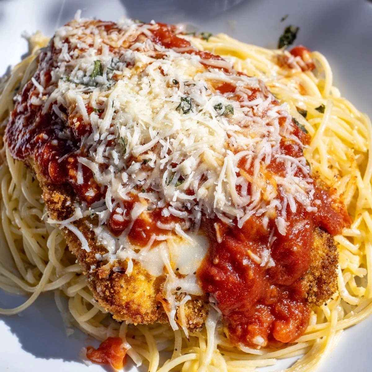 Tender spaghetti noodles coated in marinara, crowned with saucy, cheese-blanketed chicken cutlets ready for a family-style meal.