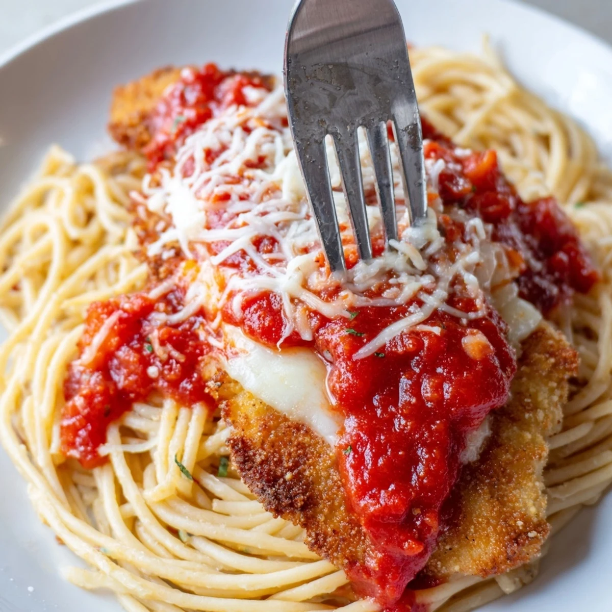 A comforting Italian-American dinner plate featuring breaded cutlets and rich tomato sauce, garnished with a sprinkle of Parmesan.
