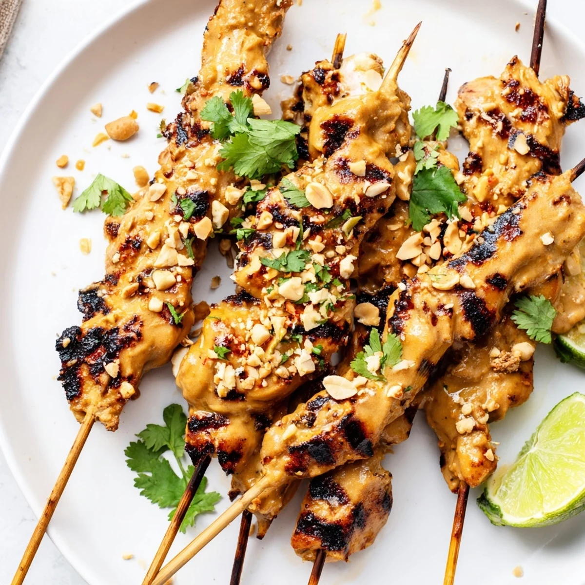 Skewers of Chicken Satay Skewers with Peanut Sauce paired with a creamy dipping sauce and fresh limes.