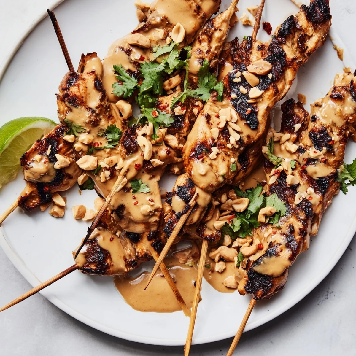 Juicy golden-brown Chicken Satay Skewers with Peanut Sauce garnished with fresh cilantro and chopped peanuts.
