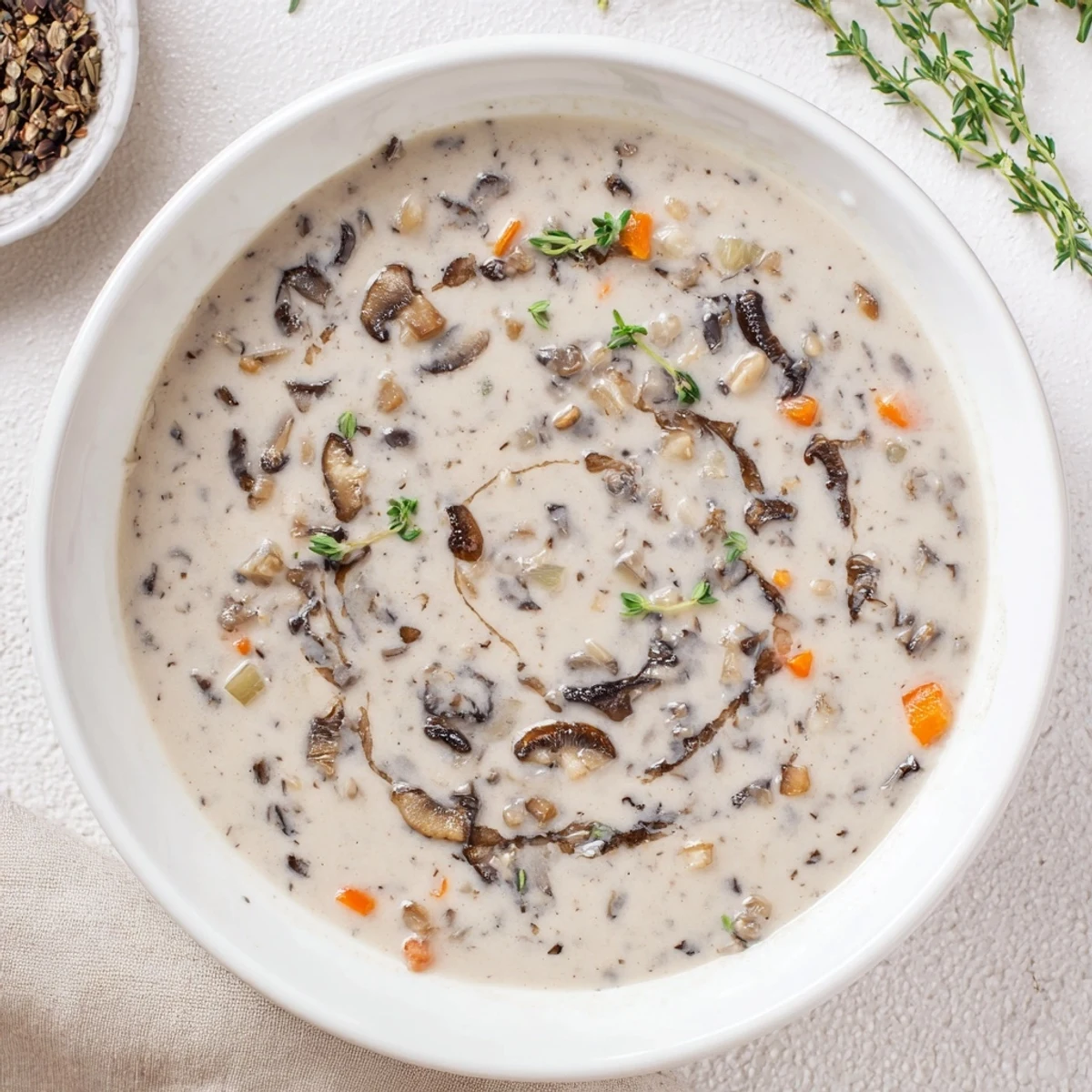 A bowl of creamy mushroom soup with thyme, garnished with fresh sprigs and a swirl of cream, beside rustic crusty bread.  