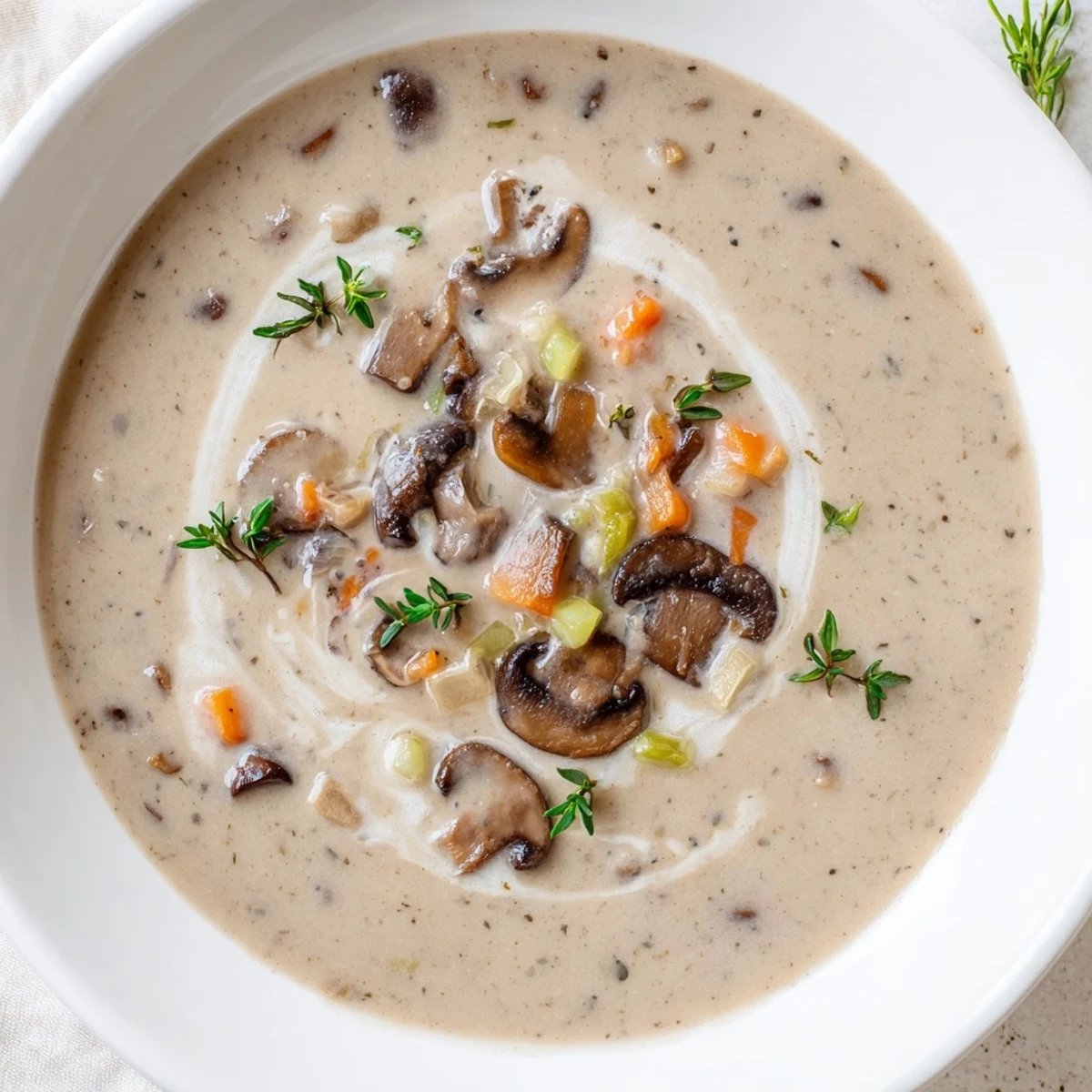 Creamy mushroom soup with thyme in a rustic white bowl, steam rising and a drizzle of cream on top.  