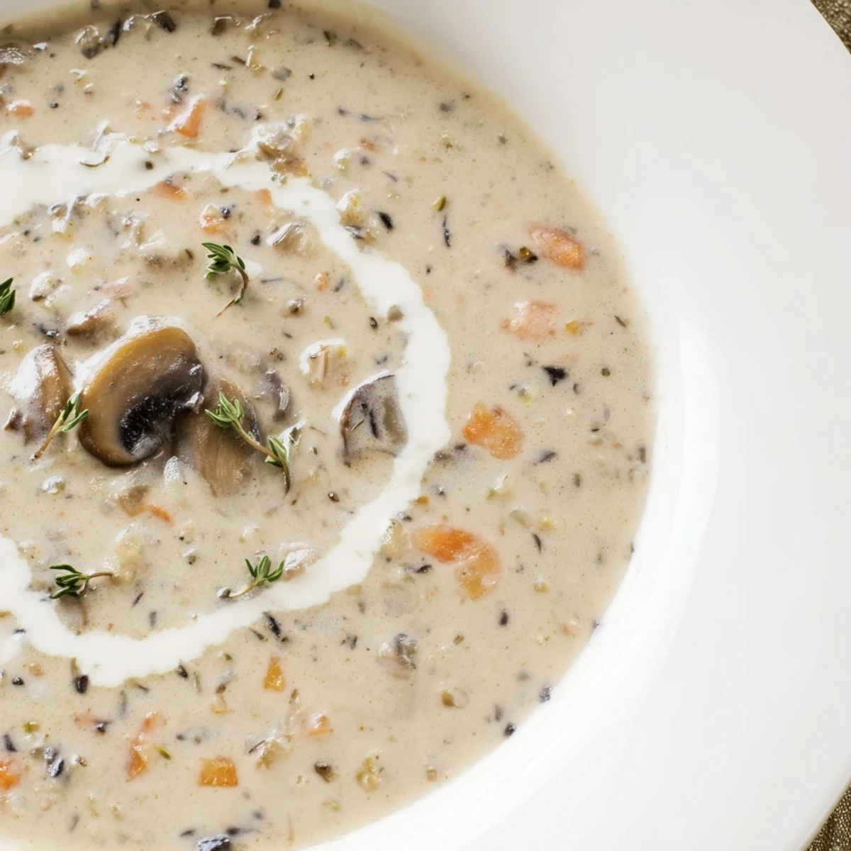 Hearty cream of mushroom soup with thyme served in a cozy kitchen, with a slice of crusty bread for dipping.