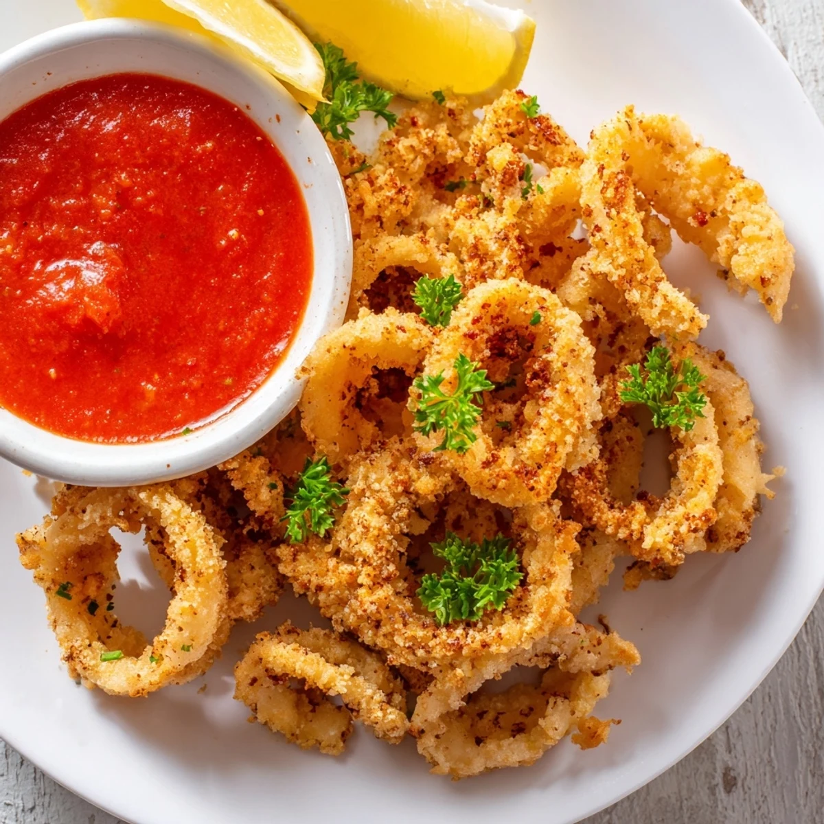 Freshly fried Crispy Calamari with Marinara Dipping Sauce on a plate with lemon wedges and parsley. Golden, crunchy rings paired with rich red sauce for dipping. 