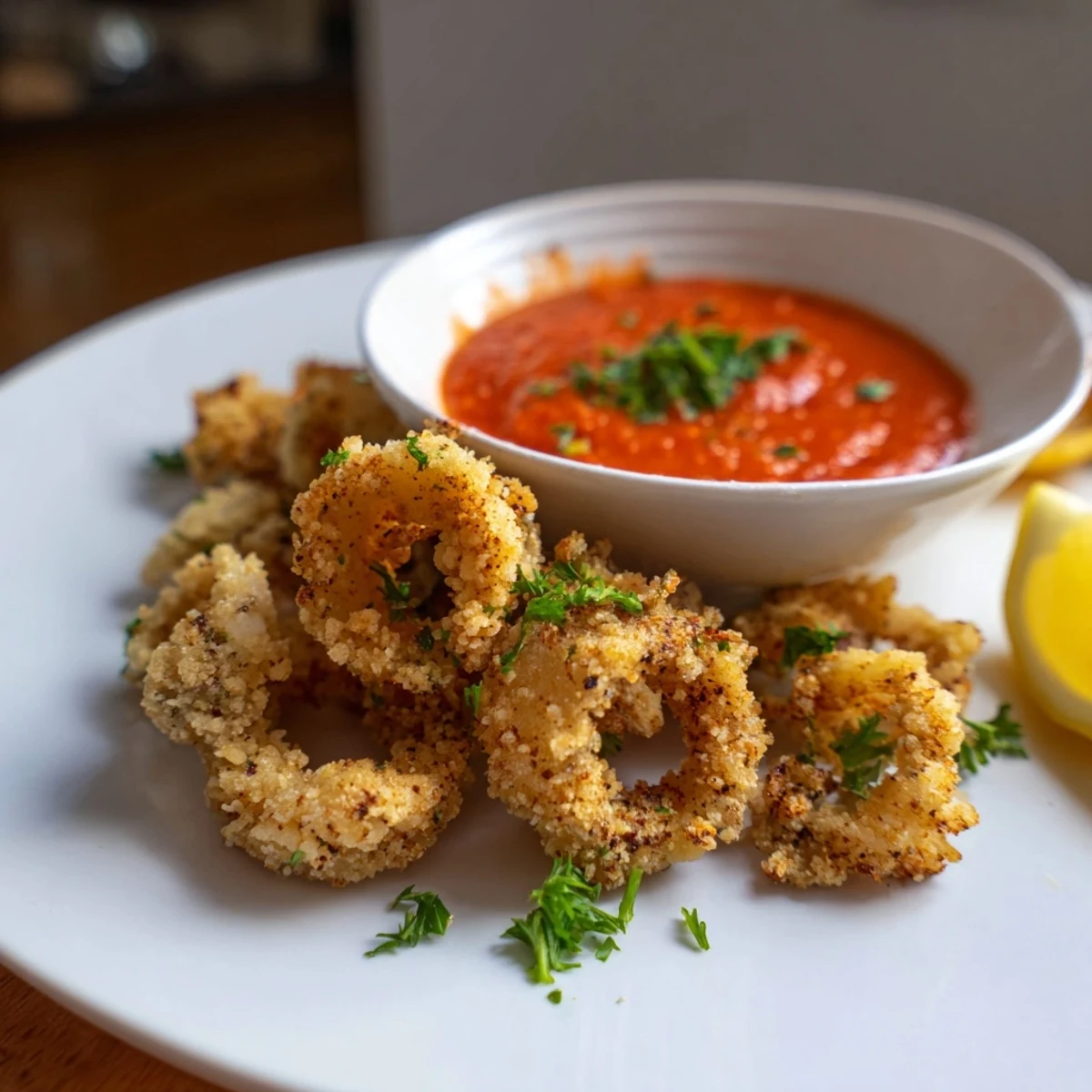 A close-up of golden Crispy Calamari with Marinara Dipping Sauce, steam rising from the crunchy batter. Served alongside zesty lemon wedges. 