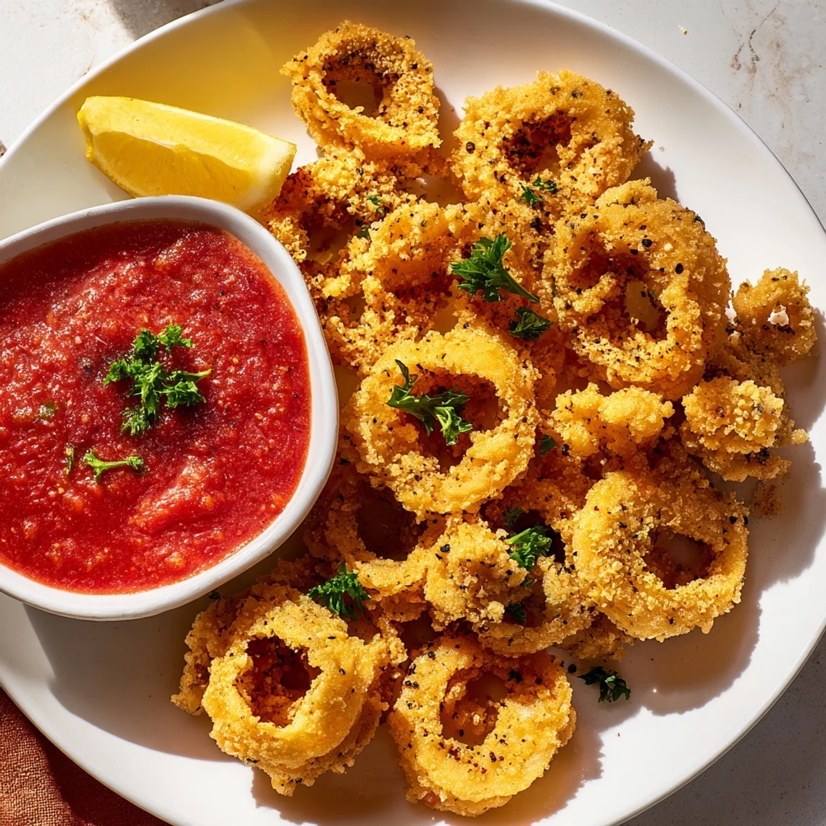 Rustic platter featuring Crispy Calamari with Marinara Dipping Sauce, garnished with fresh parsley. Perfect Italian appetizer for a seafood dinner.