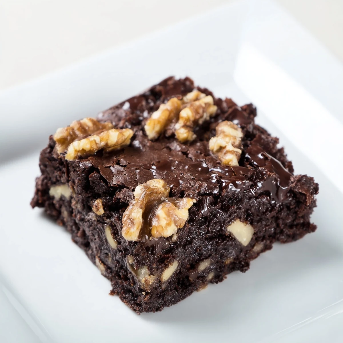 A close-up of Chocolate Fudge Brownies with Walnuts, showcasing a moist, gooey interior loaded with dark chocolate chunks and crunchy walnut pieces.