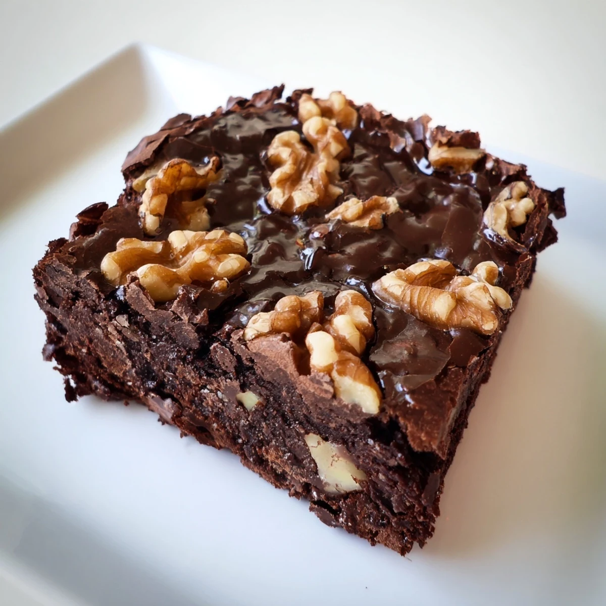 A serving of warm Chocolate Fudge Brownies with Walnuts on a dessert plate, a fork poised to lift a dense, fudgy square.