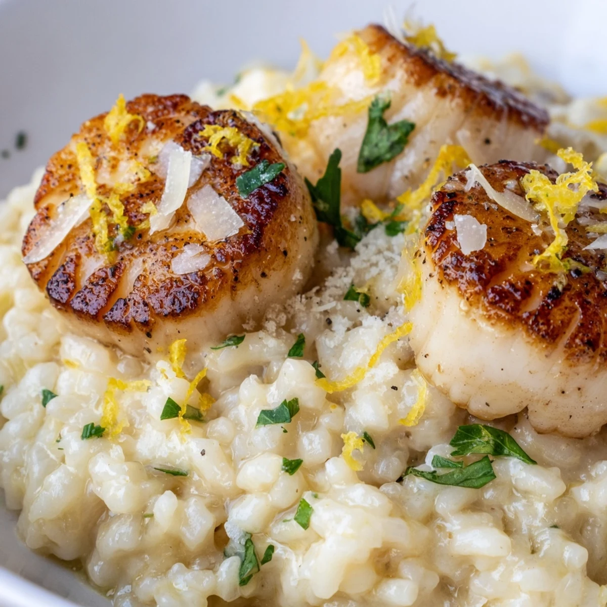 Succulent Lemon Garlic Scallops with Risotto served family-style, garnished with fresh parsley and lemon zest.