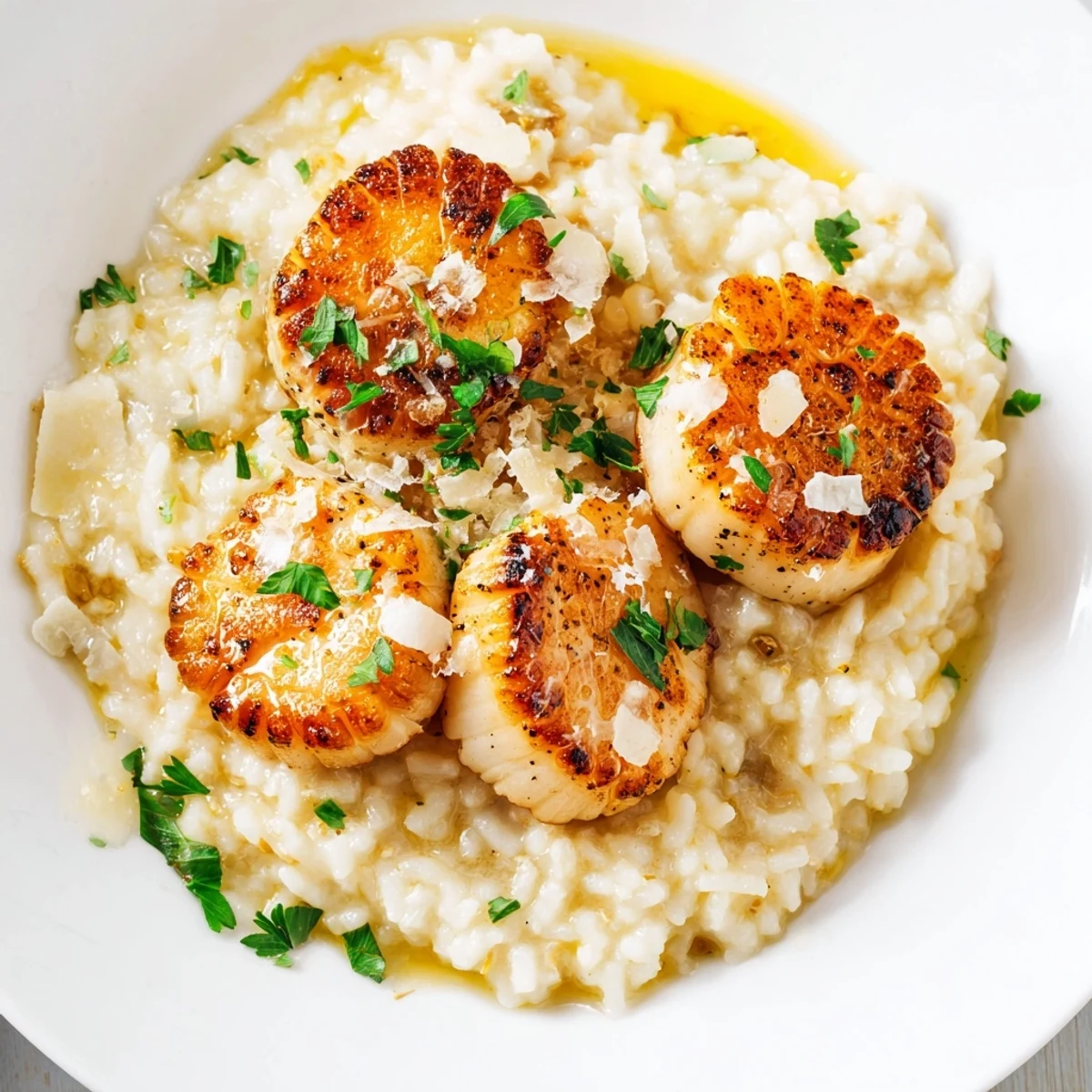 Plated Lemon Garlic Scallops with Risotto, featuring golden seared seafood atop creamy, Parmesan-studded grains.