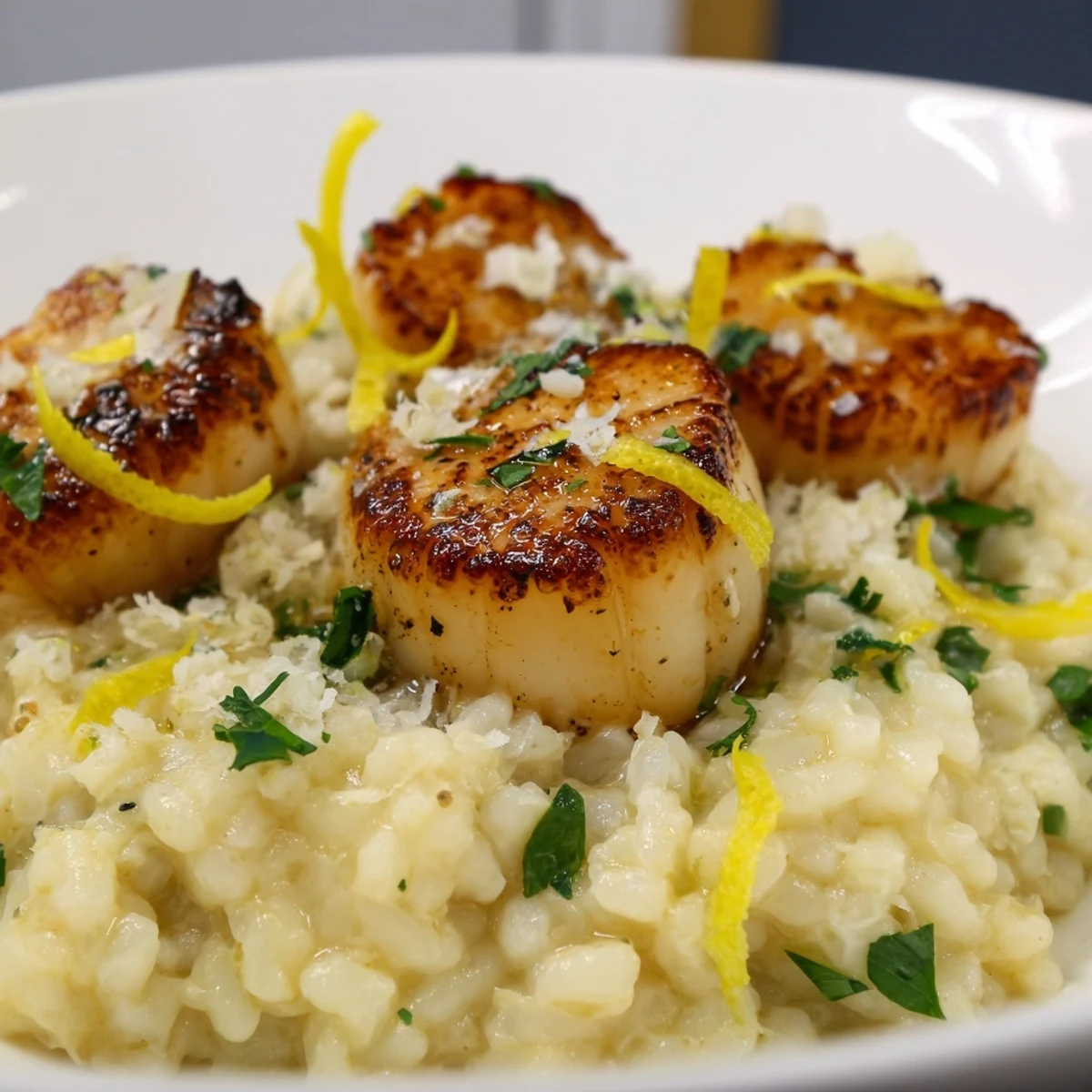 Close-up of Lemon Garlic Scallops with Risotto, highlighting a glossy butter sauce and tender scallops.