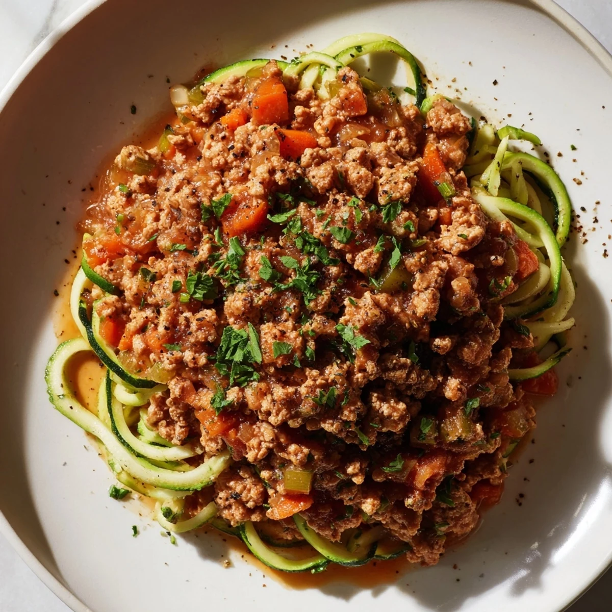 Turkey Bolognese sauce simmers in a skillet beside a plate of golden zucchini noodles, ready for a hearty gluten-free dinner.