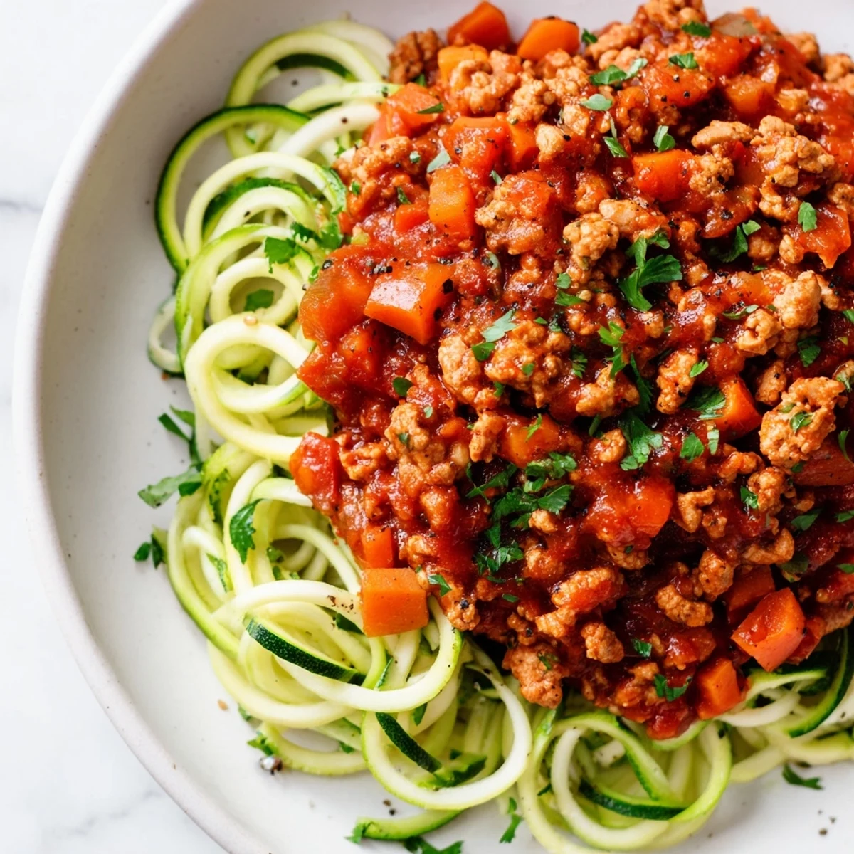 A close-up of turkey Bolognese sauce spooned over sautéed zucchini noodles, garnished with fresh parsley for a vibrant low-carb meal.