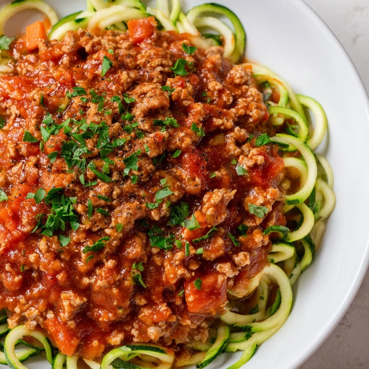 A bowl of zucchini noodles topped with rich turkey Bolognese sauce, featuring ground turkey, tomatoes, and Italian herbs.