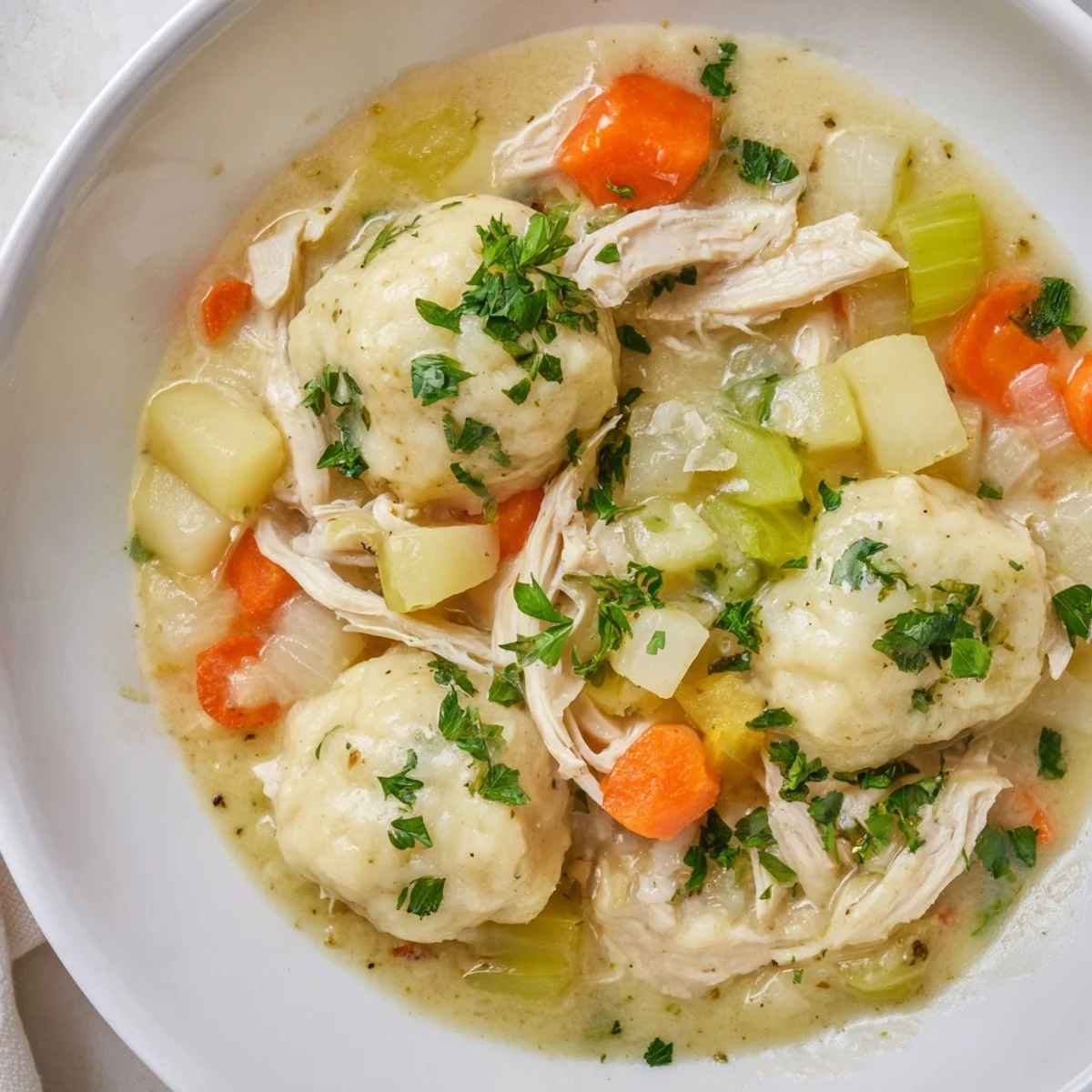 A steaming bowl of Slow Cooker Chicken and Dumplings showcases tender shredded chicken, carrots, and celery in a creamy, rich broth.  