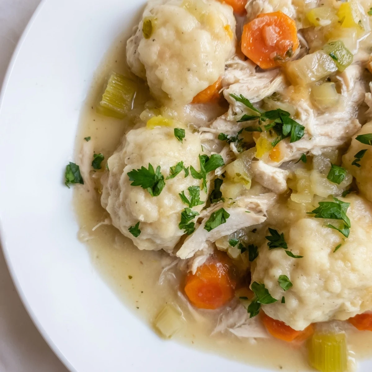 Fluffy, golden dumplings sit atop the hearty stew, perfect for a cozy family dinner in the American Midwest.  