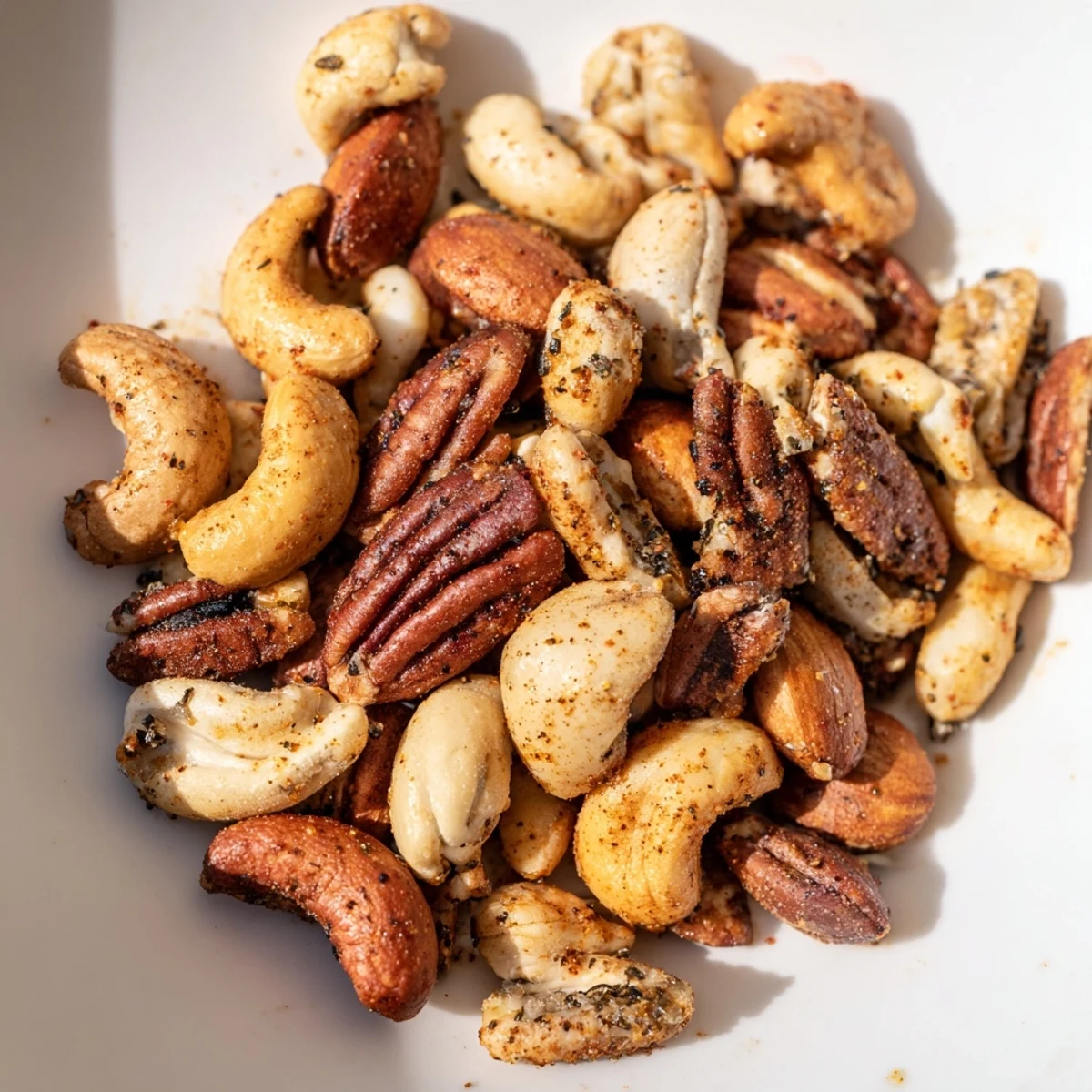 A close-up of Spicy Nuts Mix with Cajun Seasoning, showcasing a vibrant blend of golden-brown cashews, almonds, pecans, and peanuts glistening with bold, homemade spice rub.