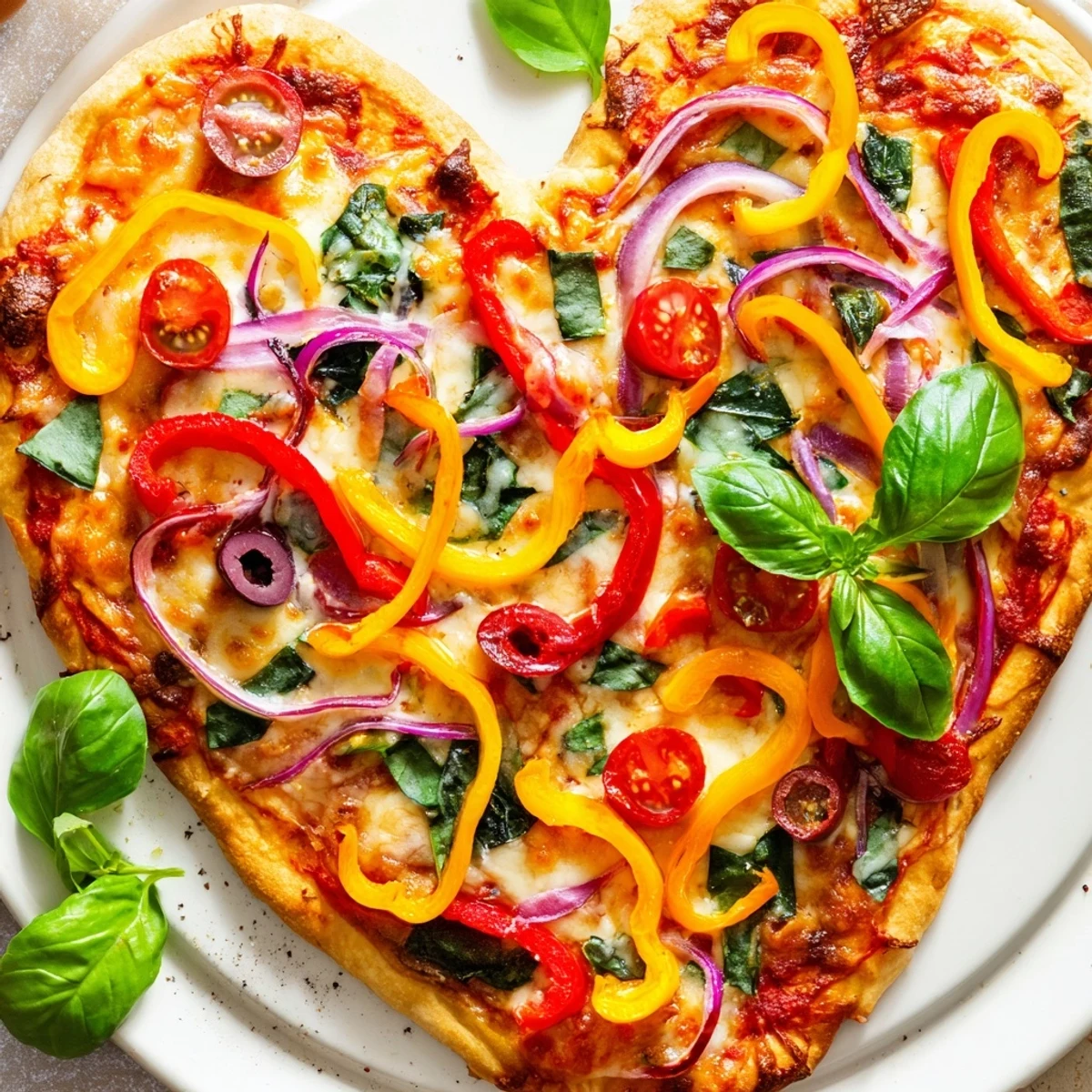Freshly baked Heart Shaped Vegetable Pizza, golden crust topped with colorful bell peppers, onions, and melted mozzarella cheese.