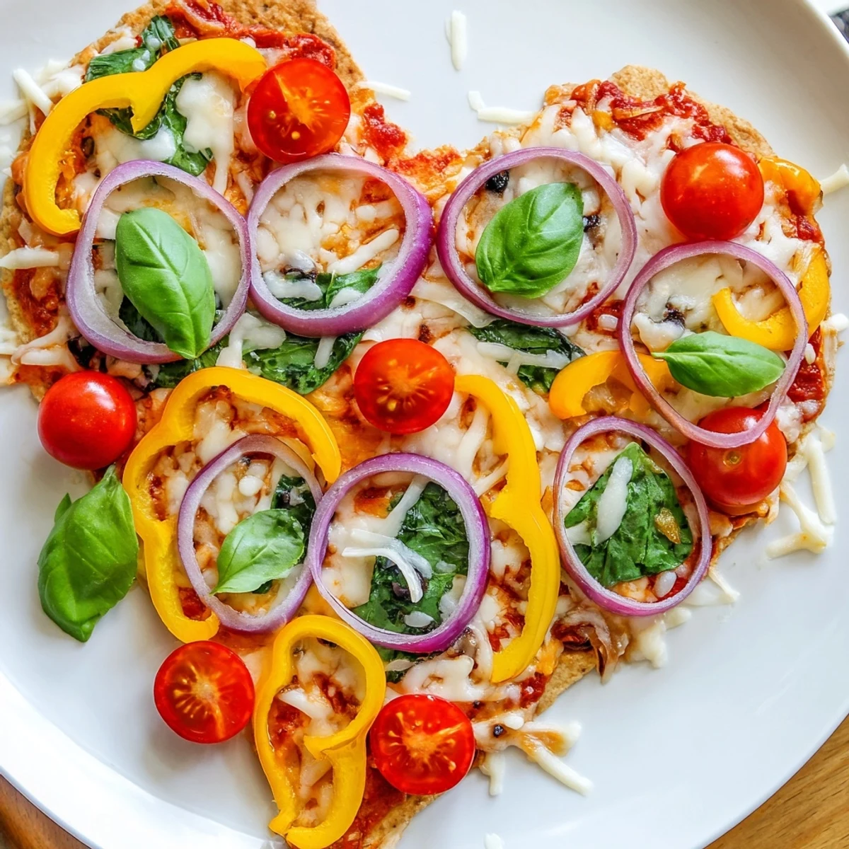 Slice of steaming Heart Shaped Vegetable Pizza with cherry tomatoes and spinach, ready to be enjoyed for a cozy dinner.
