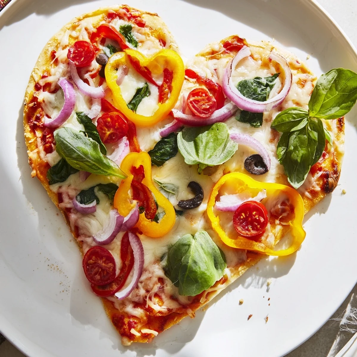 A close-up of a vibrant Heart Shaped Vegetable Pizza served on a rustic wooden table, garnished with fresh basil leaves.
