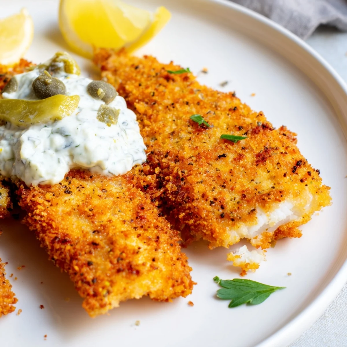 Crispy golden fish fillets fry to a perfect crunch in hot oil, served with creamy tartar sauce and fresh lemon wedges.