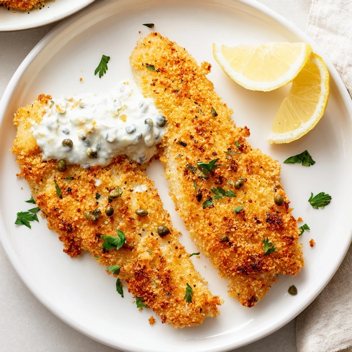 Freshly prepared Fish Fry with Tartar Sauce rests on a plate beside tartar sauce, ready to be served at dinner.