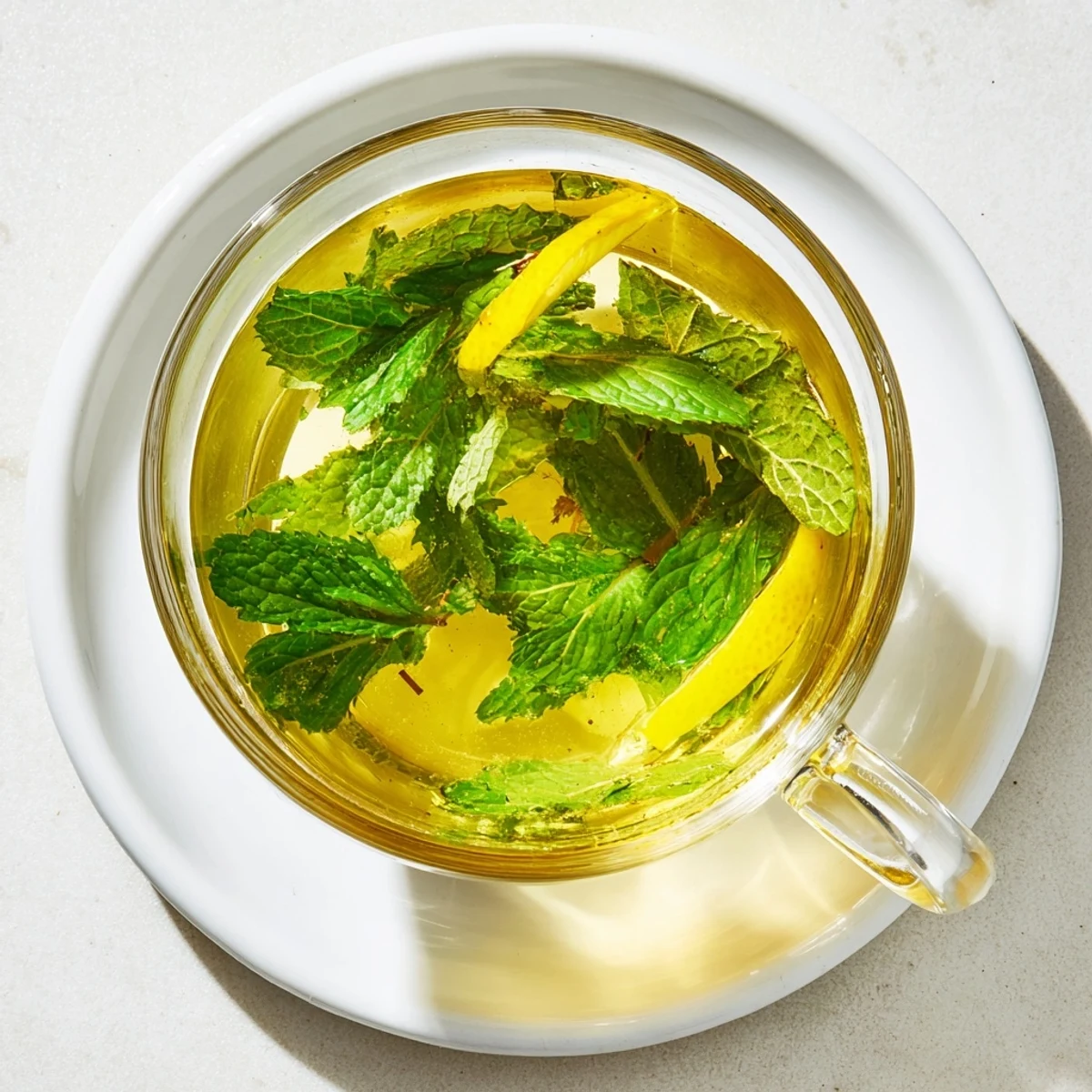 A refreshing cup of Mint Tea with Honey and Lemon served hot, with honey drizzle visible and a fresh lemon wedge on the side.
