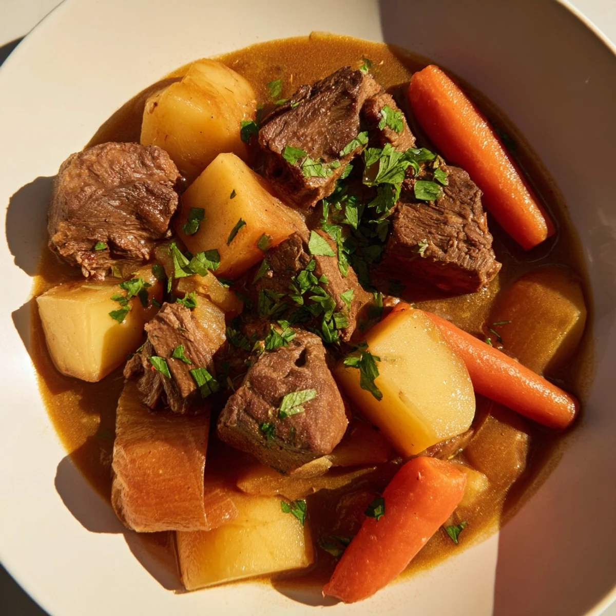 A steaming bowl of Lamb Stew with Root Vegetables, featuring tender lamb chunks, carrots, potatoes, and parsnips swimming in a rich, savory broth.